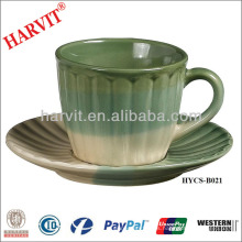 Set de té japonés de antigüedades de China / color verde esmaltado grabado cosecha Set de té taza y platillo / conjunto de té chino